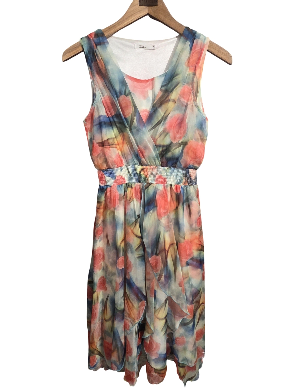 Katie Sleeveless Floral Chiffon Midi Dress with Smocked Waist - Coral Multi